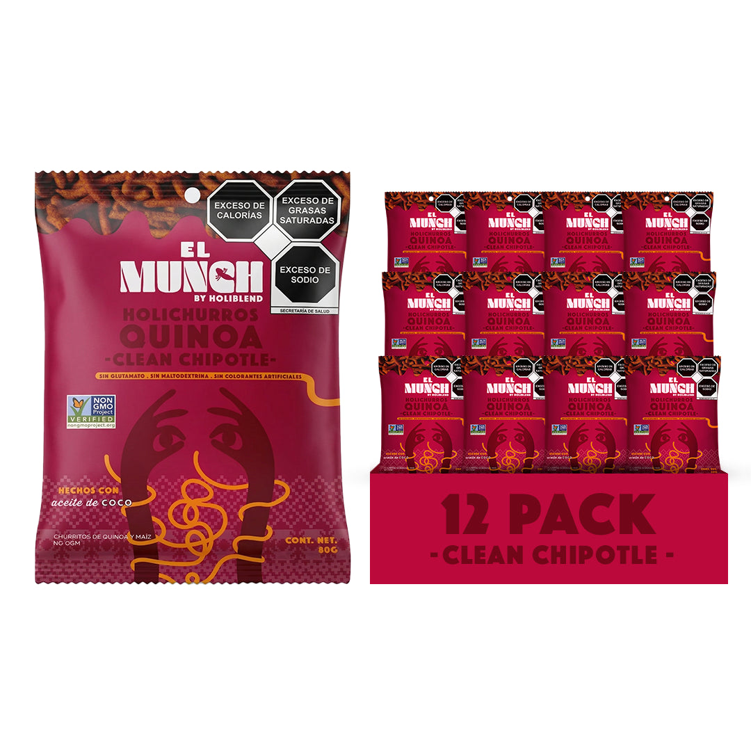 Churritos con Aceite de Coco El Munch Chipotle y Sal de Mar – Botana Crujiente Sin Gluten ni Grasas Trans (Caja con 12 Bolsas de 80 g)