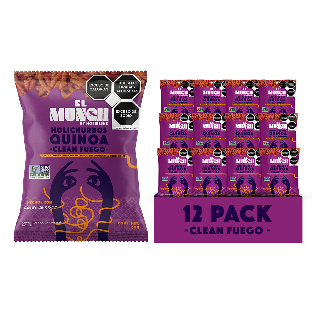 Churritos de Quinoa y Maíz El Munch Sabor Fuego – Botana Natural Sin Gluten, Glutamato ni Colorantes (Paquete de 12 Bolsas de 80 g)
