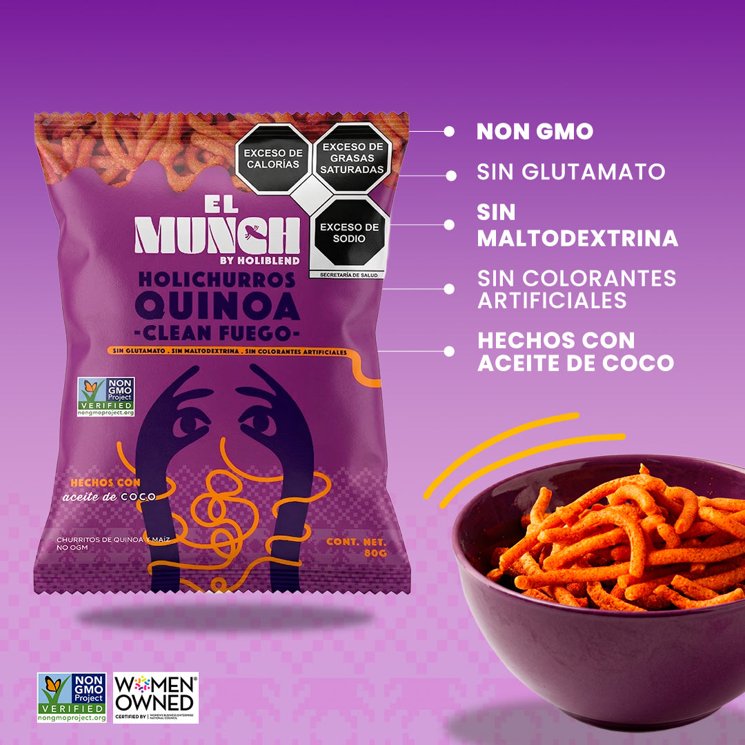 Churritos de Quinoa y Maíz El Munch Sabor Fuego – Botana Natural Sin Gluten, Glutamato ni Colorantes (Paquete de 12 Bolsas de 80 g)