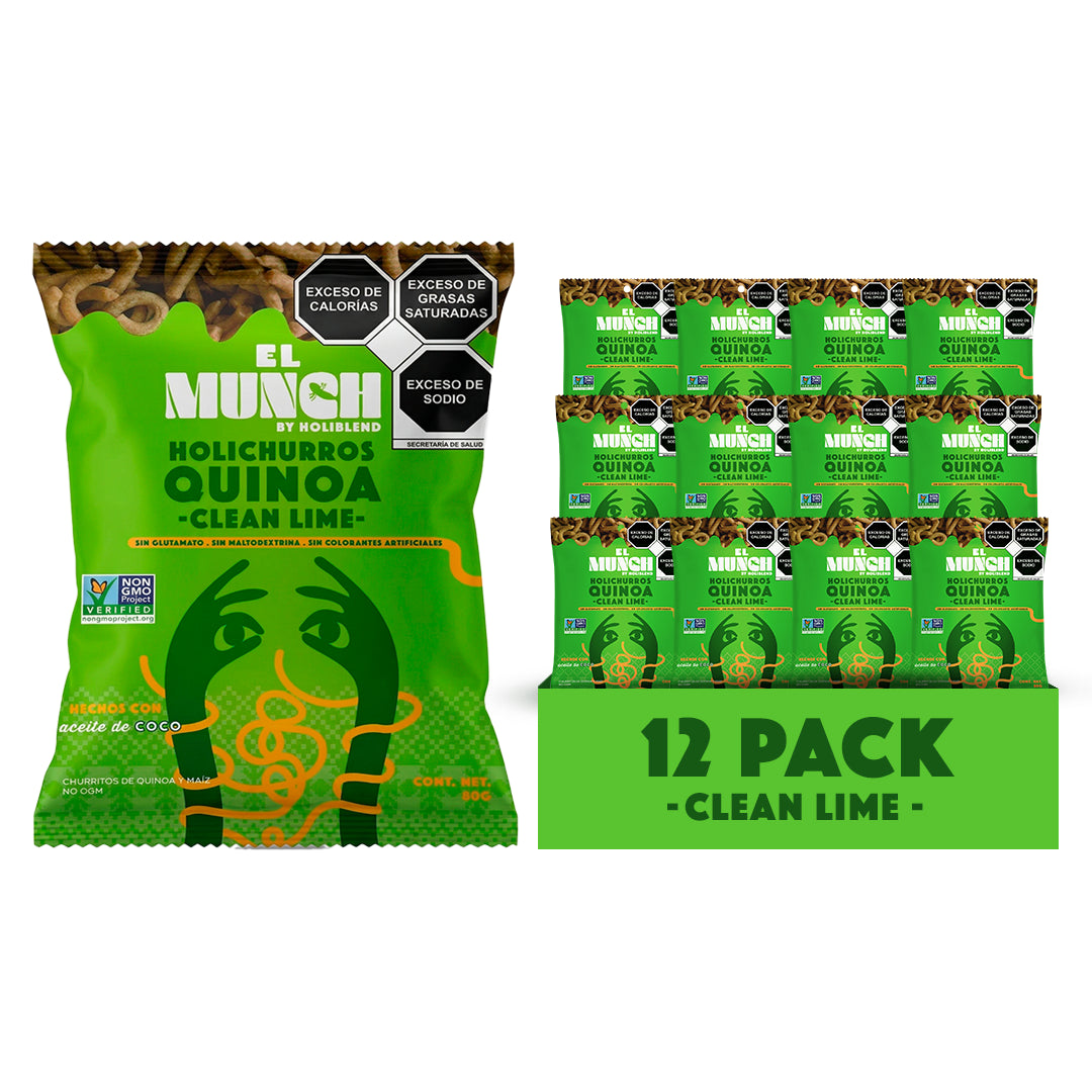 Churritos de Quinoa y Maíz El Munch Sabor Limón – Botana Crujiente Sin Gluten ni Glutamato Monosódico (Caja con 12 Bolsas de 80 g)