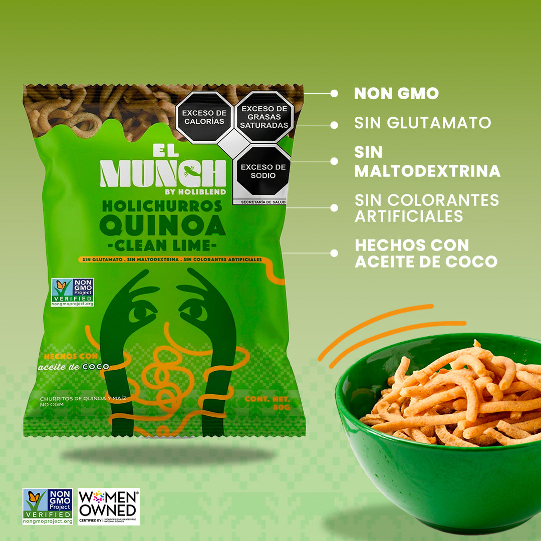 Churritos de Quinoa y Maíz El Munch Sabor Limón – Botana Crujiente Sin Gluten ni Glutamato Monosódico (Caja con 12 Bolsas de 80 g)
