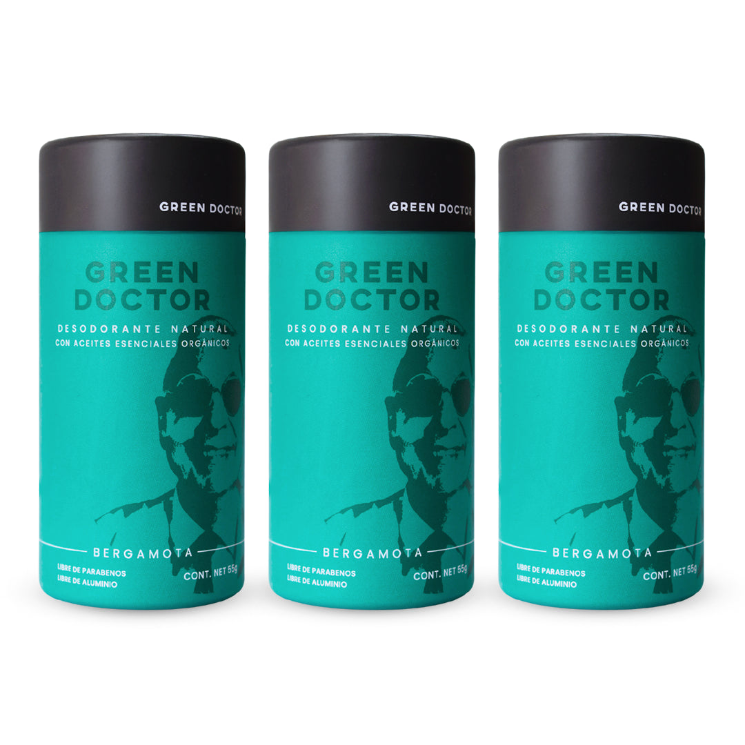 Desodorante Natural Green Doctor Bergamota Sin Aluminio ni Parabenos – Empaque Compostable para Toda la Familia (Paquete de 3 de 55 g)