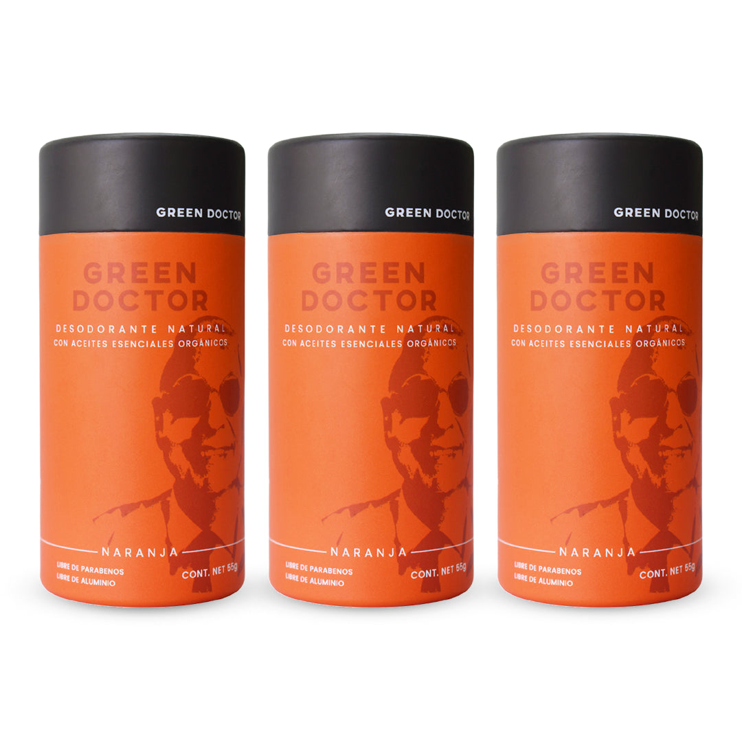 Desodorante Natural Green Doctor Naranja Sin Aluminio ni Parabenos – Empaque Compostable para Toda la Familia (Paquete de 3 de 55 g)