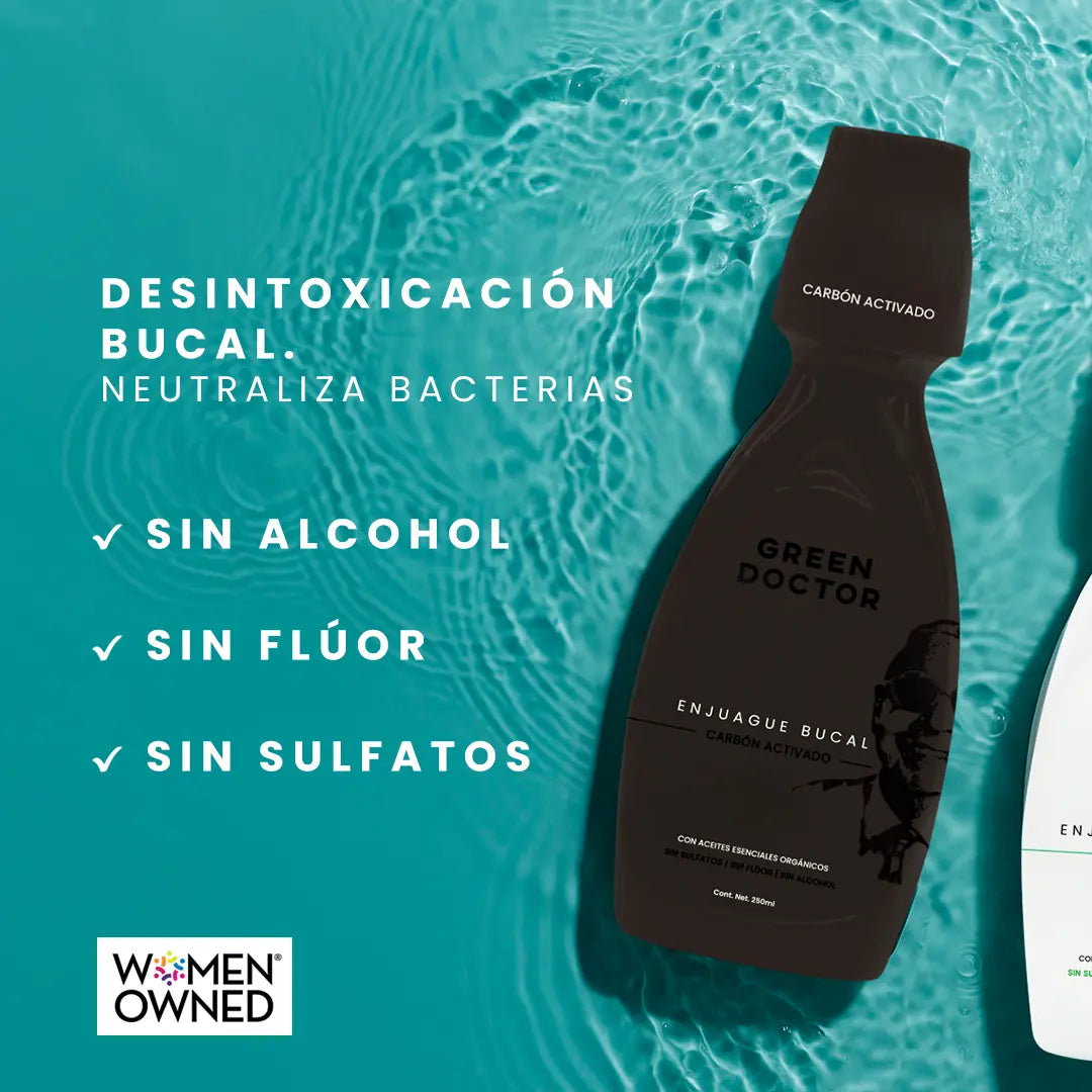 Enjuague Bucal Natural Green Doctor Carbón Activado y Árbol de Té – Sin Flúor ni Alcohol, Cuidado de Encías (Paquete de 2 de 250 ml)