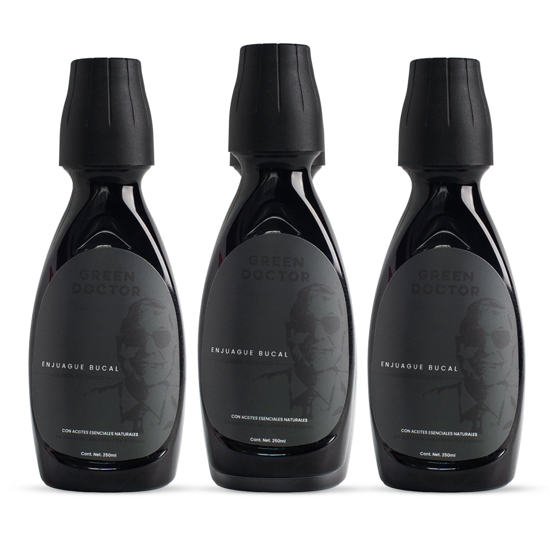 Enjuague Bucal Natural Green Doctor Carbón Activado y Árbol de Té – Sin Flúor ni Alcohol, Cuidado de Encías (Paquete de 3 de 250 ml)