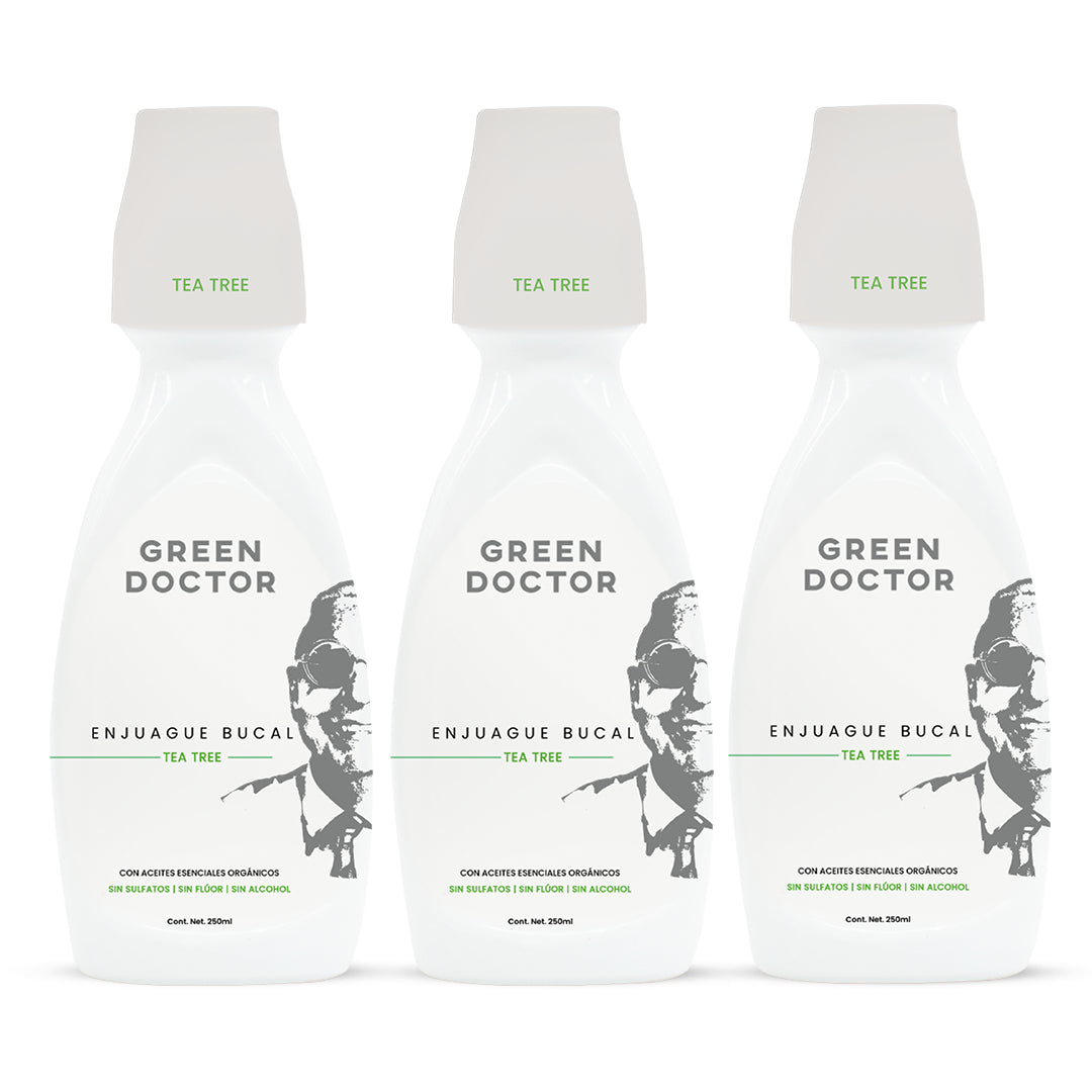 Enjuague Bucal Natural Green Doctor Menta y Árbol de Té – Sin Flúor ni Alcohol, Cuidado de Encías (Paquete de 3 de 250 ml)