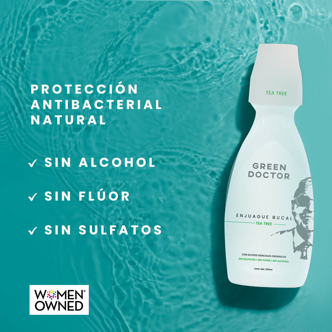 Enjuague Bucal Natural Green Doctor Menta y Árbol de Té – Sin Flúor ni Alcohol, Cuidado de Encías (Paquete de 3 de 250 ml)