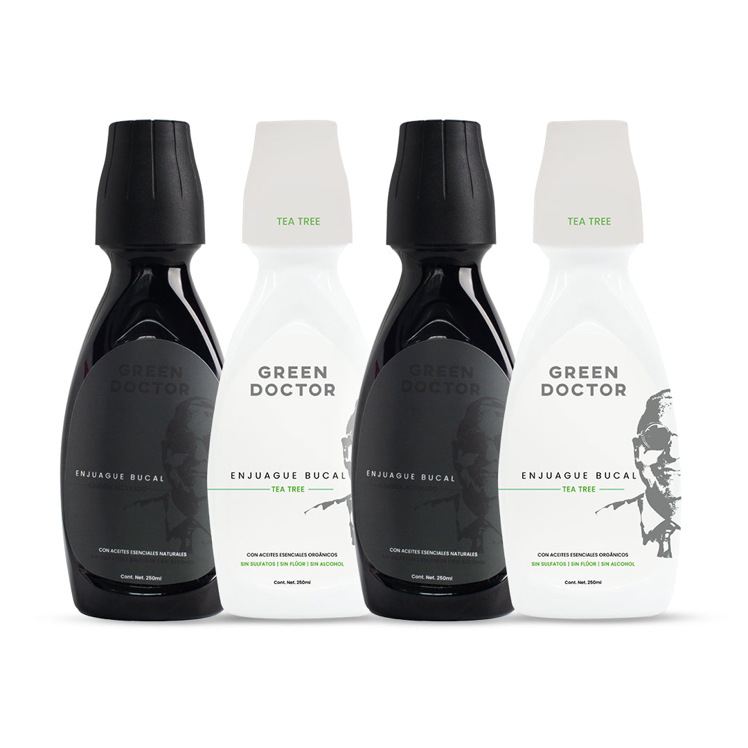 Enjuague Bucal Natural Green Doctor Carbón Activado y Árbol de Té – Sin Flúor ni Alcohol, Cuidado de Encías (Paquete de 4 de 250 ml)