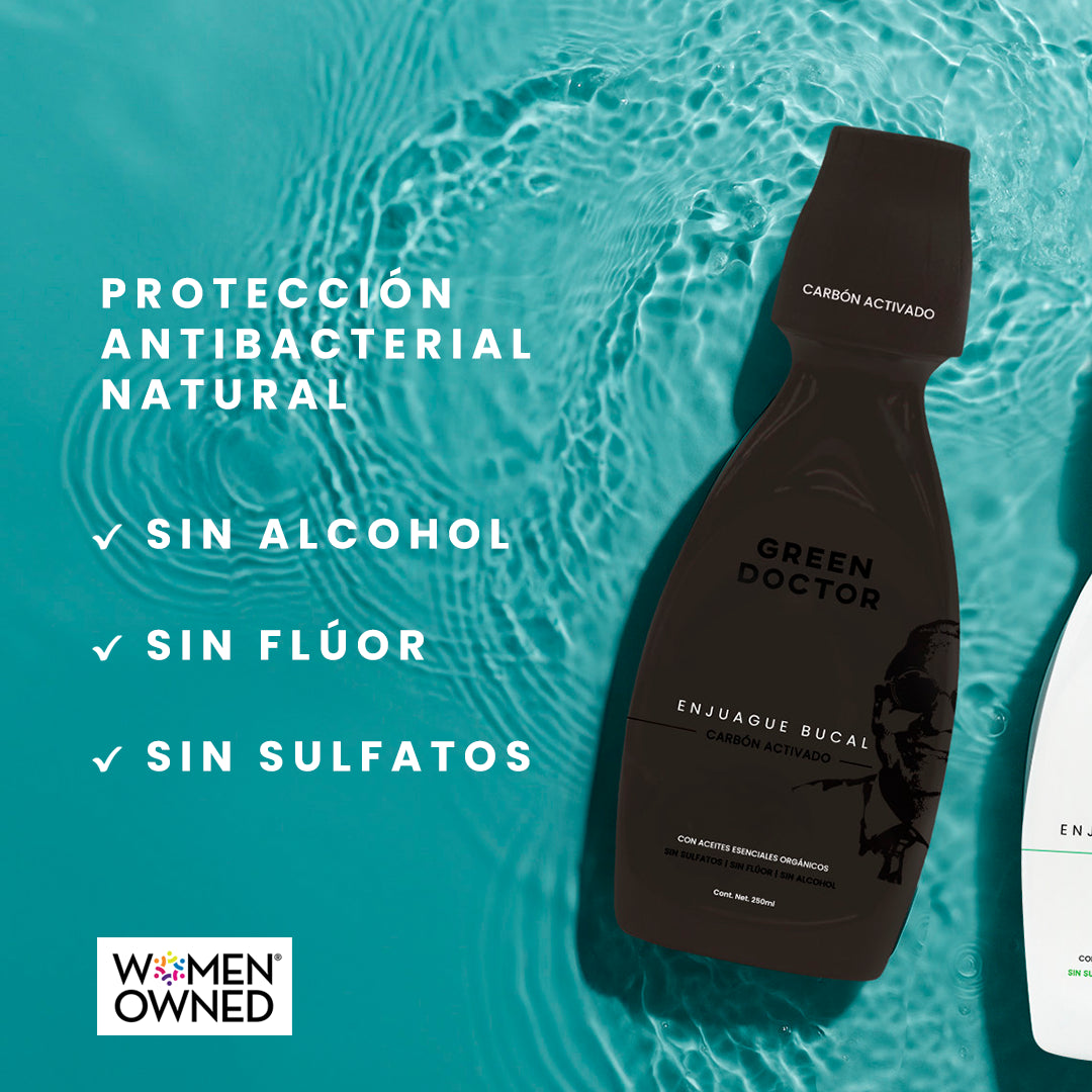 Enjuague Bucal Natural Green Doctor Carbón Activado y Árbol de Té – Sin Flúor ni Alcohol, Cuidado de Encías (Paquete de 4 de 250 ml)