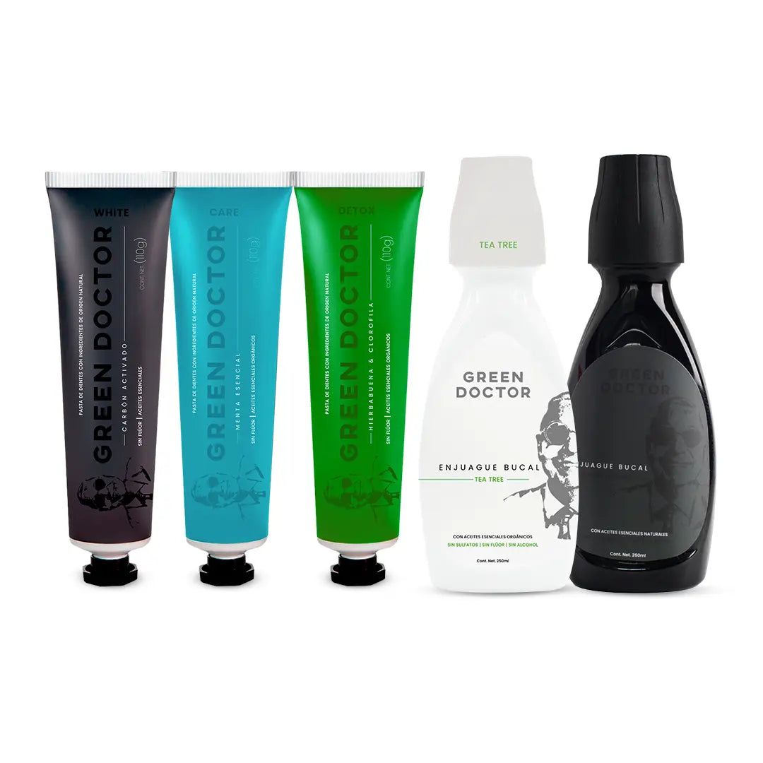 Kit Dental Natural Green Doctor Pastas y Enjuague Bucal – Con Aceites Orgánicos, Sin Flúor ni Parabenos para Dientes Sensibles (3 Pastas de 110 g y 2 Enjuagues de 250 ml)
