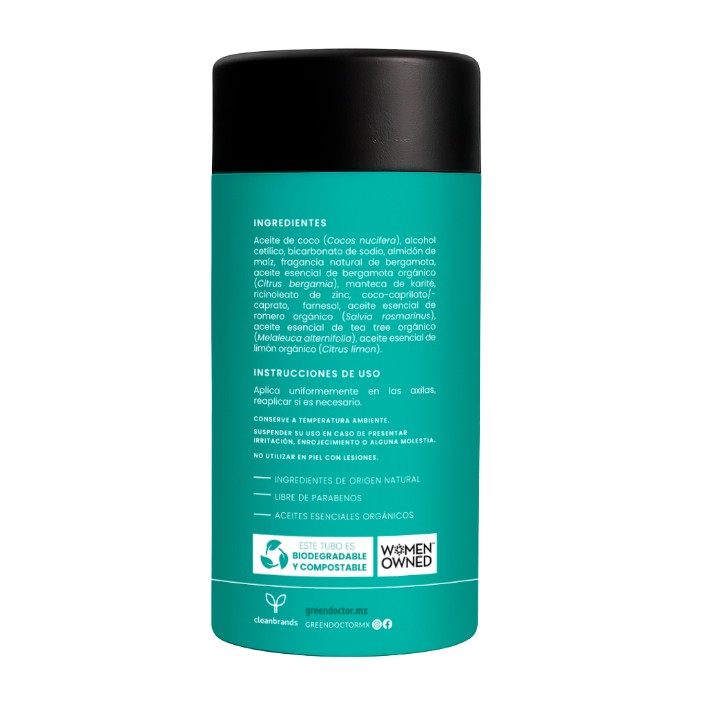 Desodorante Natural de Larga Duración Green Doctor Bergamota con Aceites Esenciales Orgánicos Sin Aluminio (55 g)