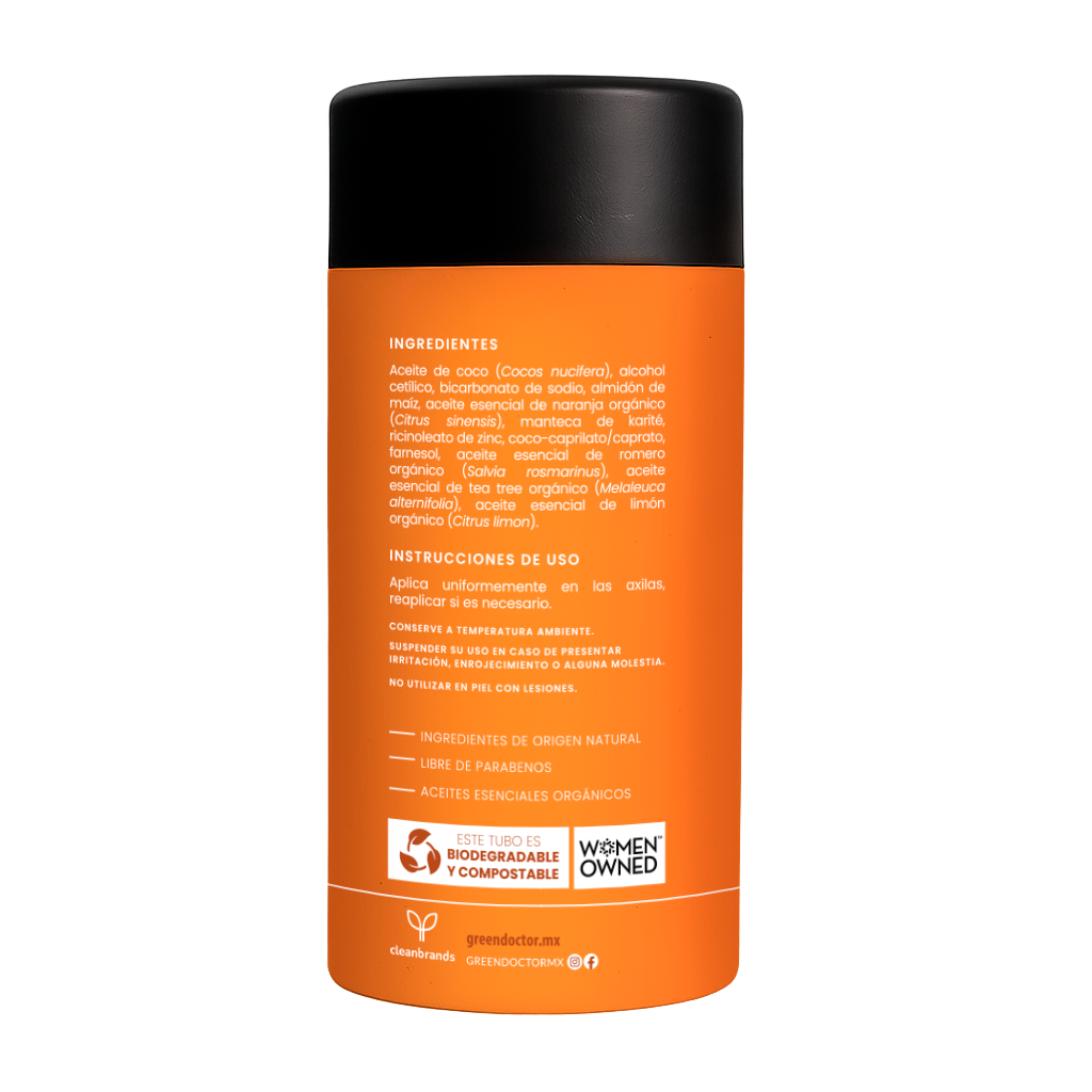 Desodorante Natural de Larga Duración Green Doctor Naranja con Aceites Esenciales Orgánicos Sin Aluminio (55 g)