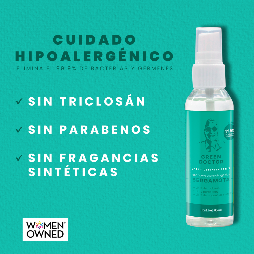 Spray Desinfectante para Manos de Uso Continuo Green Doctor Bergamota  Elimina 99.9% de Bacterias 50 ml
