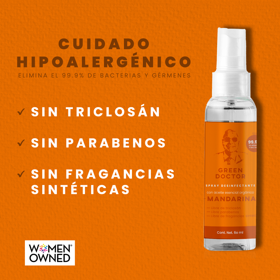 Spray Desinfectante para Manos de Uso Continuo Green Doctor Naranja  Elimina 99.9% de Bacterias 50 ml
