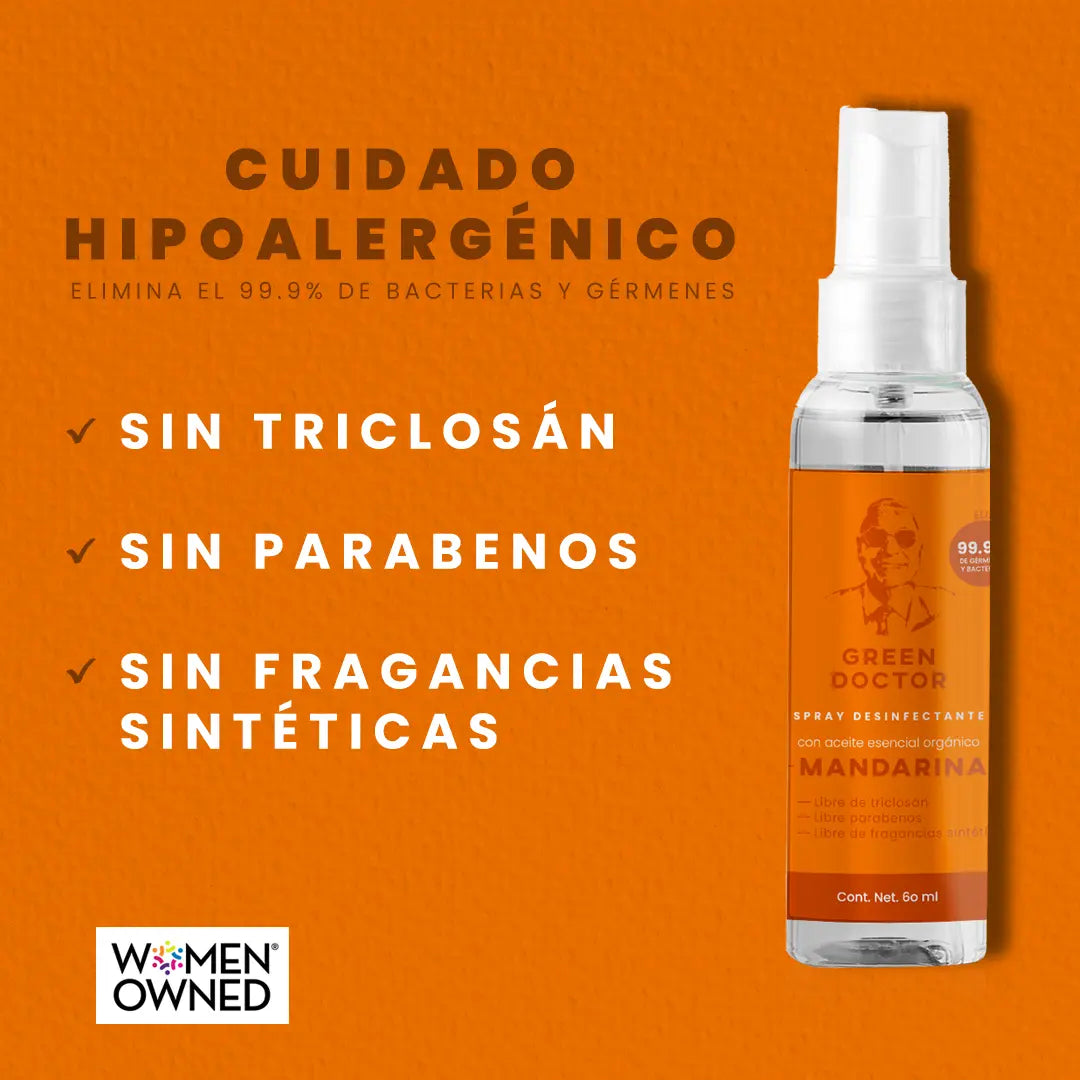 Spray Desinfectante para Manos Natural de Uso Continuo Green Doctor Naranja  Elimina 99.9% de Bacterias 50 ml