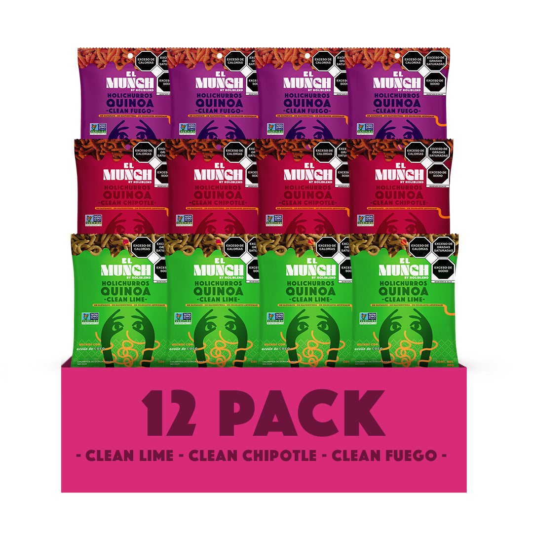 Churritos de Quinoa y Maíz El Munch Sabor Chipotle, Limón y Fuego – Botana Natural Sin Glutamato ni Colorantes (Caja Mixta con 12 Bolsas de 80 g)