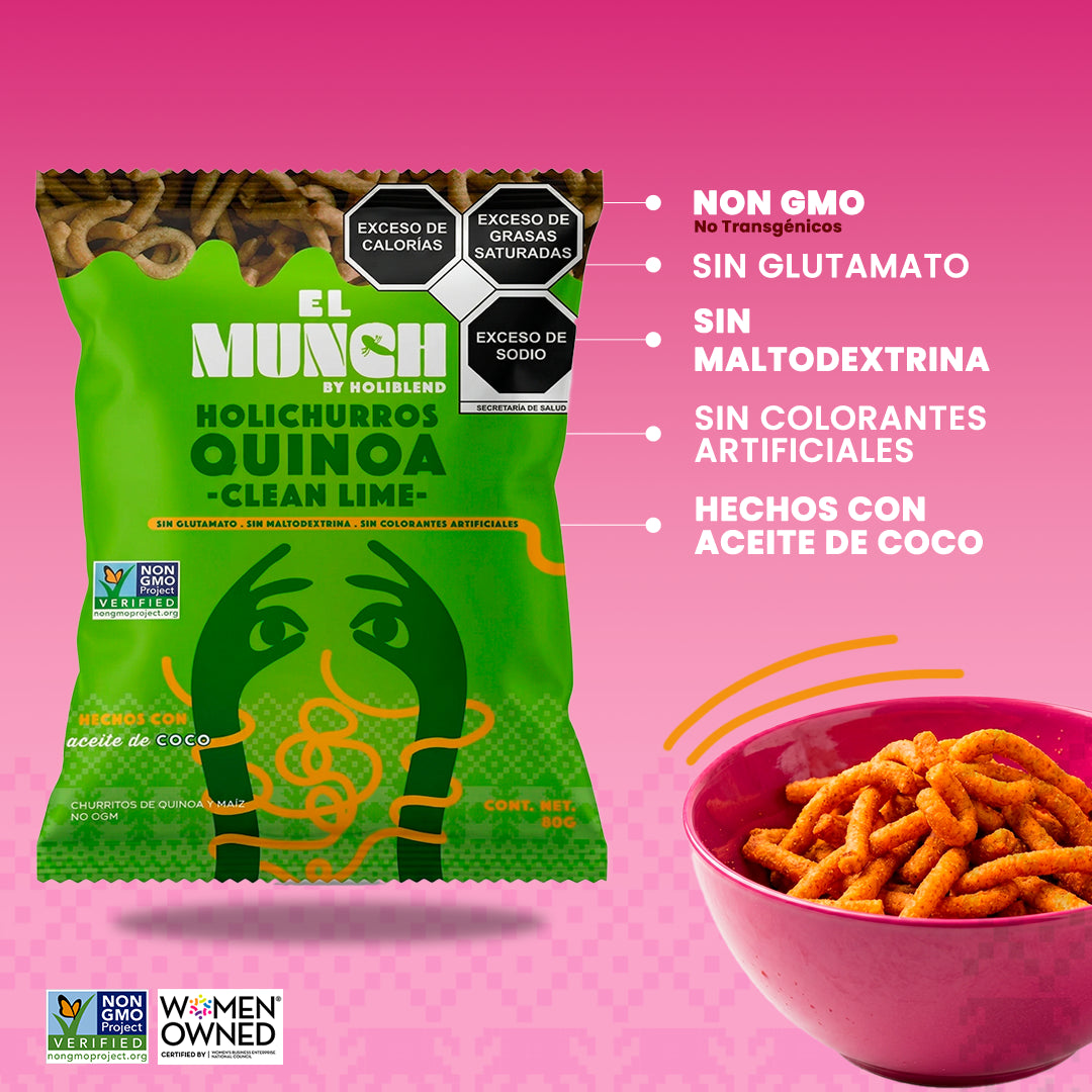 Churritos de Quinoa y Maíz El Munch Sabor Chipotle, Limón y Fuego – Botana Natural Sin Glutamato ni Colorantes (Caja Mixta con 12 Bolsas de 80 g)