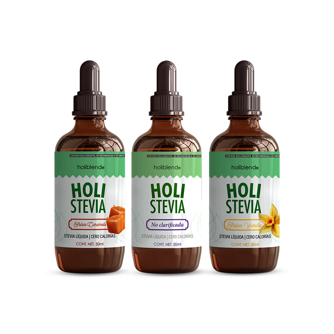 Stevia Líquida Orgánica Holistevia Holiblend Paquete Mixto – Vainilla, Caramelo y Natural, Endulzante Sin Calorías ni Clarificar (Paquete de 3 de 50 ml)