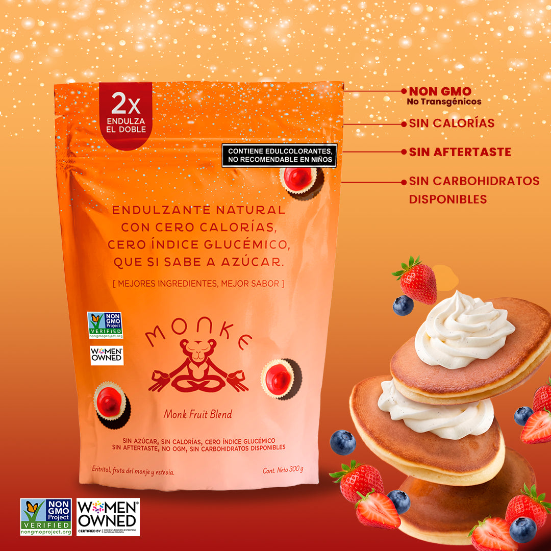 Endulzante Natural Fruta del Monje MONKE con Stevia y Eritritol – Granulado Sin Azúcar, Cero Calorías y Keto (Paquete de 2 de 300 g)