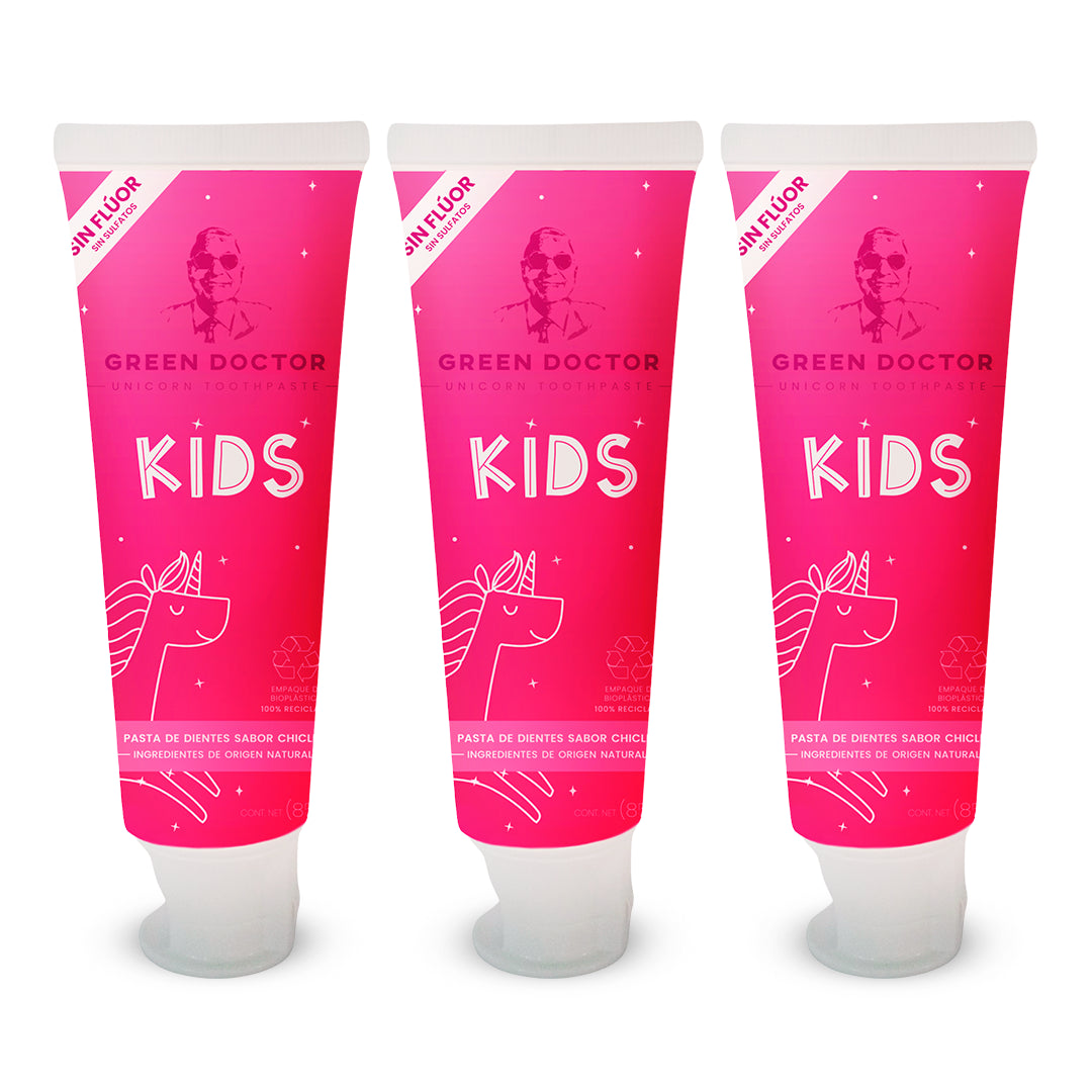 Pasta Dental Infantil Green Doctor Unicorn Kids Sabor Chicle – Sin Flúor, con Aceites Orgánicos y Envase Compostable (Paquete de 3 de 85 g)